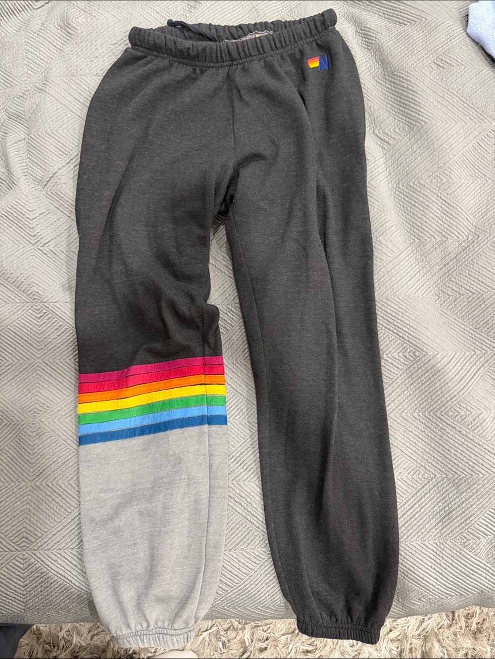 Aviator Nation M Black Jogger Pants with Rainbow Stripe